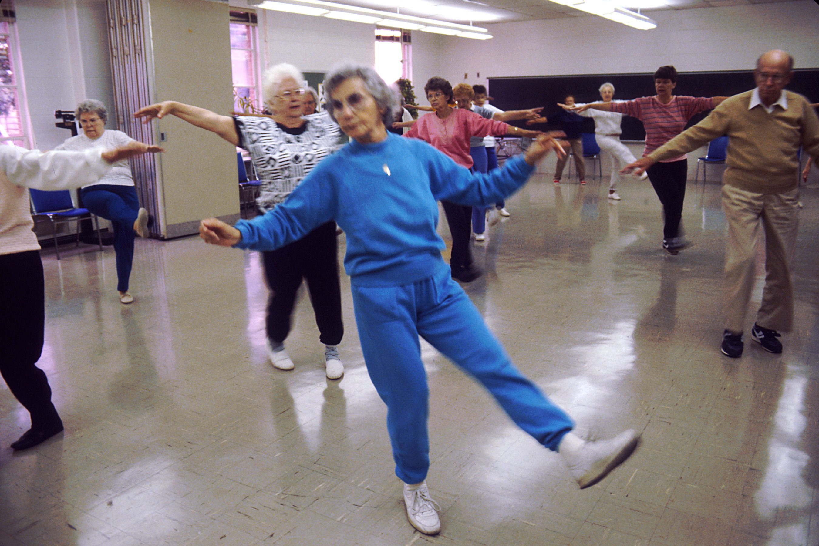 Seniors engaging in aerobics, not only to stay physical active, but mentally as well. Credit: Wikimedia Commons
