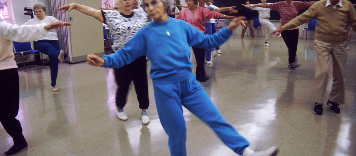 Seniors engaging in aerobics, not only to stay physical active, but mentally as well. Credit: Wikimedia Commons
